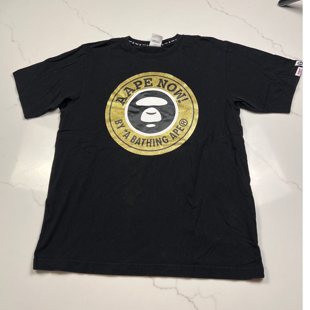 AAPE BY A BATHING APE T-Shirt Mens Black Gold Glitter Moonface Logo Medium